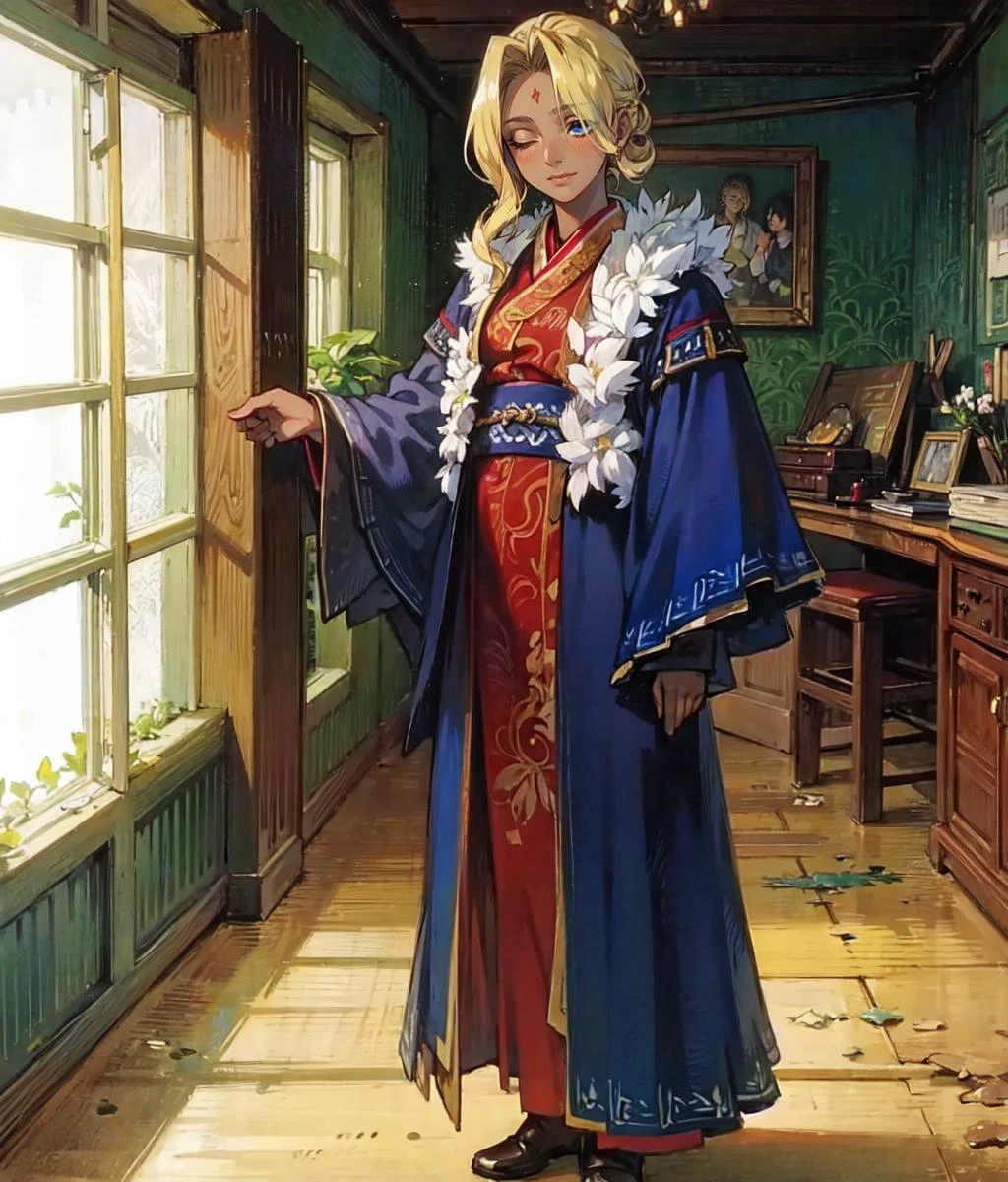 chef-d&#39;œuvre, capture d&#39;écran d&#39;anime, 1fille, seulement, cheveux blond, peau sombre, cheveux couvrant un œil, tenue bleue, vêtements chinois, ventilateur, debout, à l&#39;intérieur, Bureau, médiéval, Tout le corps, tir de cow-boy  