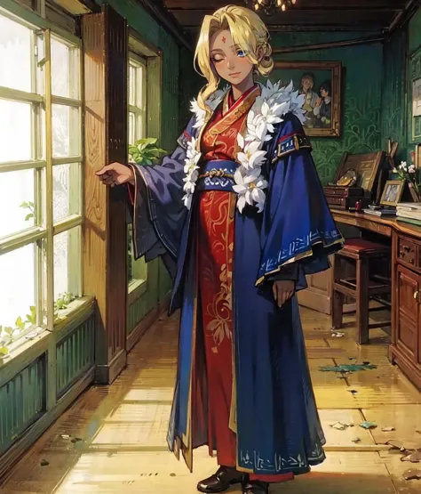 masterpiece, anime screencap, 1girl, solo, blonde hair, dark skin, hair covering one eye, blue outfit, chinese clothes, fan, sta...