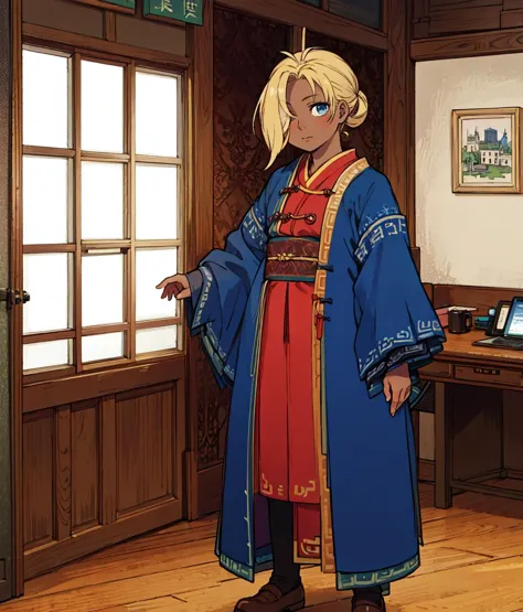 masterpiece, anime screencap, 1girl, solo, blonde hair, dark skin, hair covering one eye, blue outfit, chinese clothes, fan, sta...