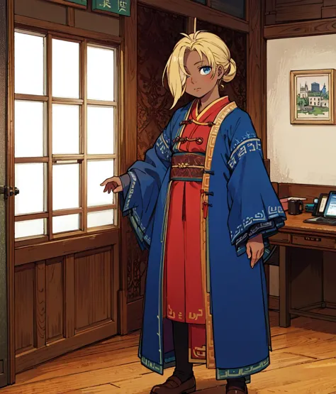 masterpiece, anime screencap, 1girl, solo, blonde hair, dark skin, hair covering one eye, blue outfit, chinese clothes, fan, standing, indoors, office, medieval, full body, cowboy shot  <lora:Lucretia:1>