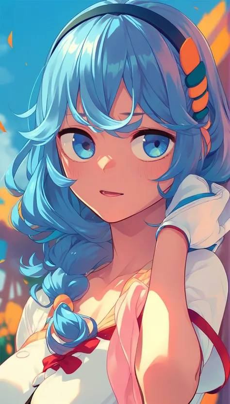 a close up of a anime girl with blue hair and a white top