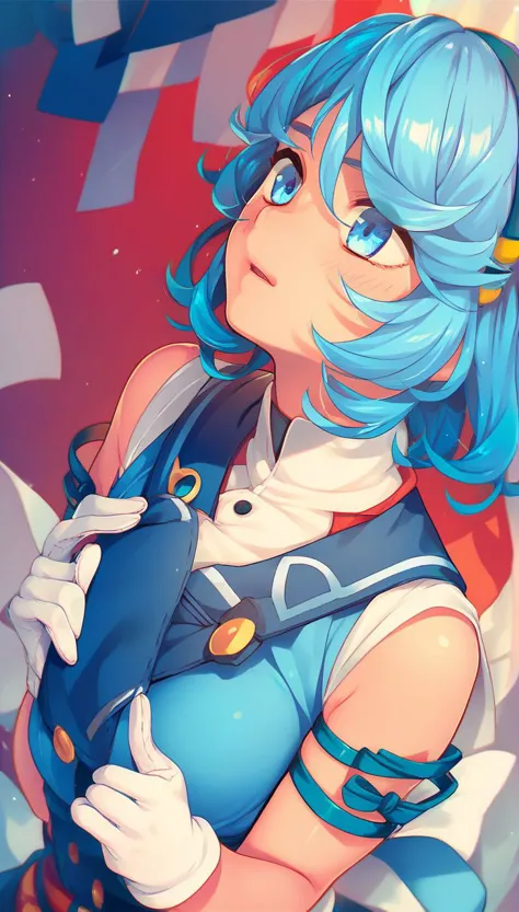 a close up of a person with blue hair and a blue dress