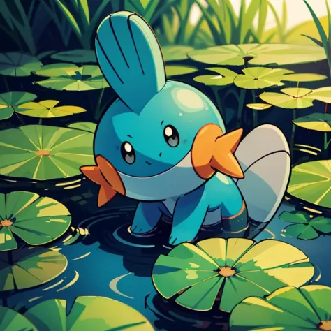 centered, award winning photo, (looking at viewer:1.2), | Mudkip_Pokemon, | pond, lily pads,  | bokeh, depth of field, cinematic...