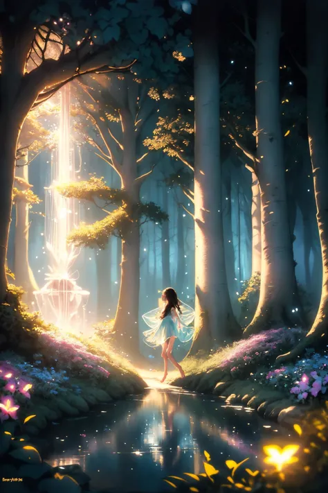 a girl in a forest with a fairy costume standing in the water