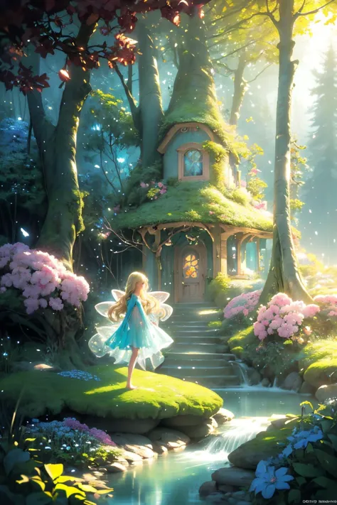 a little girl is standing in front of a house in the woods