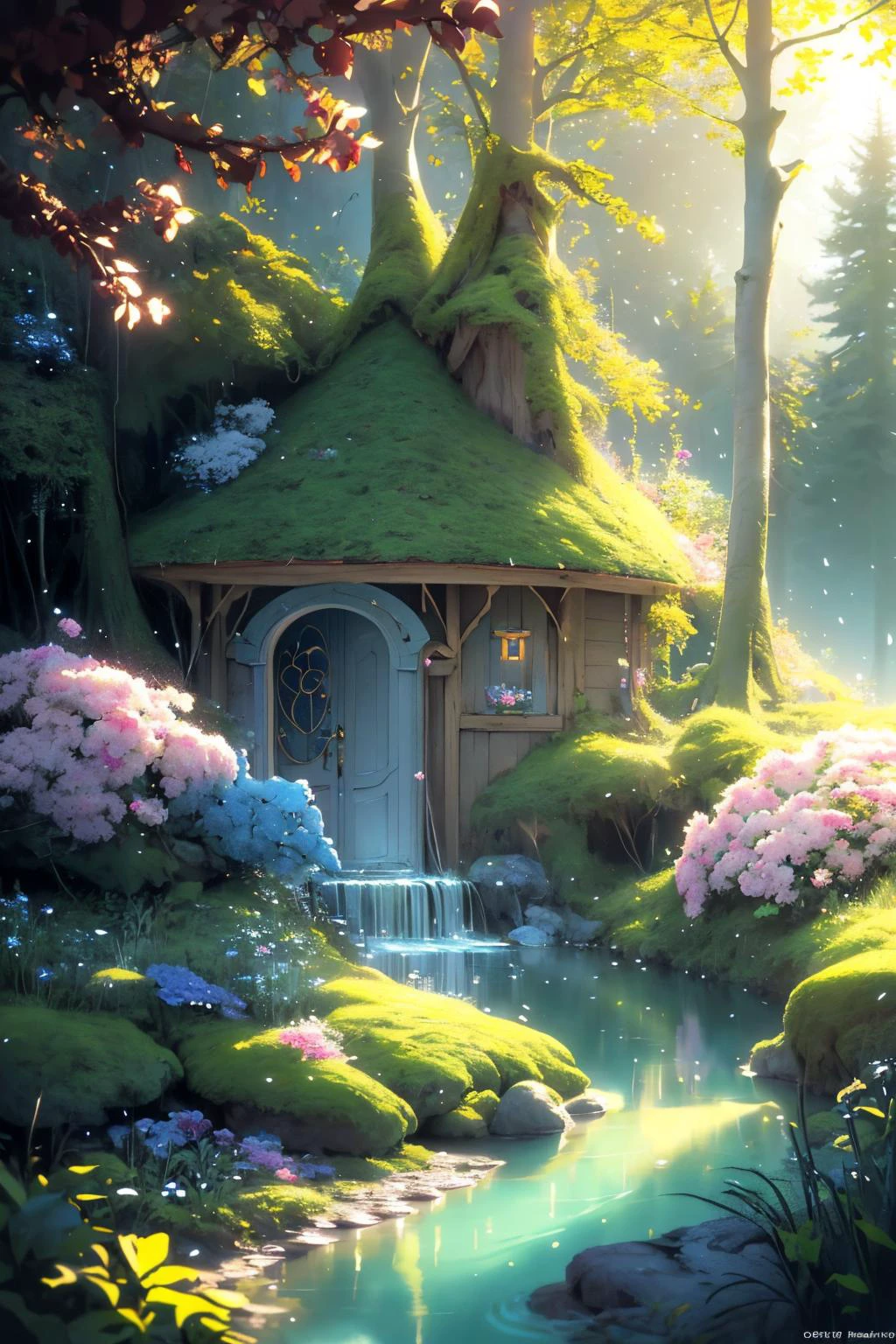 ( detailed realistic background:1),
( official art, beautiful and aesthetic:1 ),
realistic lighting,
cinematic lighting,
hyperrealism,
soothing tones,
muted colors,
high contrast,
soft light,
sharp,
artistic photoshoot,
FeyFa, , forest, trees, middle, path, waterfall, through, background, stream, flowers, lights, running, in the foreground stands a fairy in front of her fairy house, light,( cute,  ),
slender,
european,
pale cheeks,
square face shape with angular jaw,
natural "no-makeup" makeup,
big breasts,
,
blonde hair ,
wavy bob hair  ,