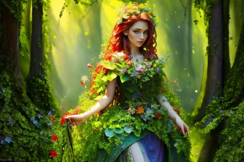 Hyperrealistic art , young magic fairy, red long hair, green planted dress, magic look, walking, looking on viewer, in magic fairytale forest, masterpiece, 8k, intricate details <lora:FeyAndFairies:0.7> <lora:pl4ntdr3ss:1> . Extremely high-resolution details, photographic, realism pushed to extreme, fine texture, incredibly lifelike