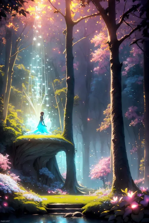 a girl in a blue dress stands on a rock in the woods