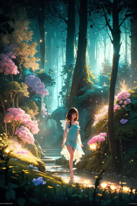 a girl in a white dress walking through a forest