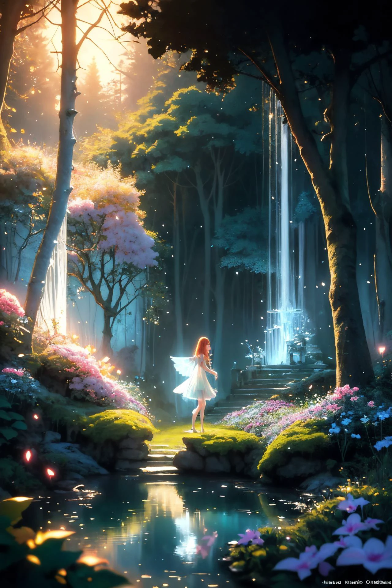 ( detailed realistic background:1),
( official art, beautiful and aesthetic:1 ),
realistic lighting,
cinematic lighting,
hyperrealism,
soothing tones,
muted colors,
high contrast,
soft light,
sharp,
artistic photoshoot,
FeyFa, , forest, trees, middle, path, waterfall, through, background, stream, flowers, lights, running, in the foreground stands a fairy in front of her fairy house, light,( cute,  ),
slender,
european,
pale cheeks,
square face shape with angular jaw,
natural "no-makeup" makeup,
big breasts,
,
ginger hair ,
asymmetric cut hair  ,wearing a see-through gossamer fairy short dress,
night time, darkness,
