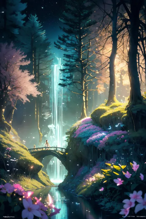 ( detailed realistic background:1),
( official art, beautiful and aesthetic:1 ),
realistic lighting,
cinematic lighting,
hyperrealism,
soothing tones,
muted colors,
high contrast,
soft light,
sharp,
artistic photoshoot,
<lora:FeyAndFairies-11:0.8>FeyFa, , forest, trees, middle, path, waterfall, through, background, stream, flowers, lights, running, in the foreground stands a fairy in front of her fairy house, light,( cute, petite ),
slender,
european,
pale cheeks,
square face shape with angular jaw,
natural "no-makeup" makeup,
big breasts,
,
brunette hair ,
spiral braid hairstyle  ,wearing a see-through gossamer fairy short dress,
night time, darkness,