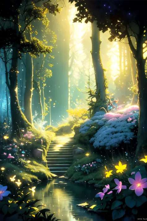 a painting of a forest with stairs leading to a stream