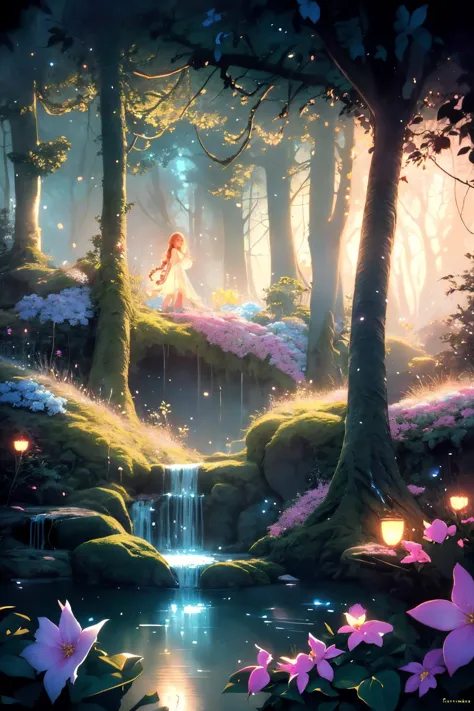 a girl in a forest with flowers and a waterfall