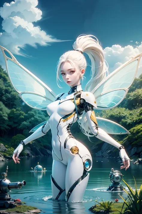 a female android, athletic, white hair, high ponytail, colored skin, (white skin:1.4), porcelain, tight bodysuit, white plastic, (joints:1.1), wires, <lora:reelmech1v2:0.6> (mechanical parts), <lora:FeyAndFairies:0.75> FeyFa, fairy wings, sky, grass, lake, desaturated