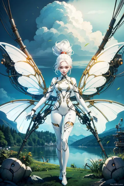 a woman with white hair and wings standing in front of a lake