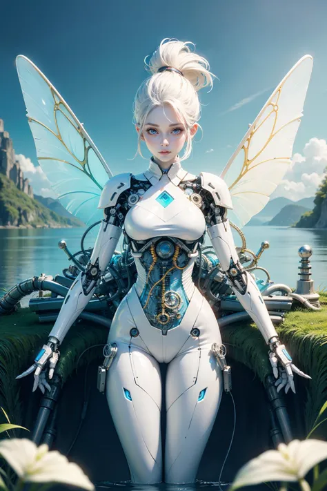 a female android, curvy, white hair, high ponytail, colored skin, (white skin:1.4), porcelain, tight bodysuit, white plastic, (j...