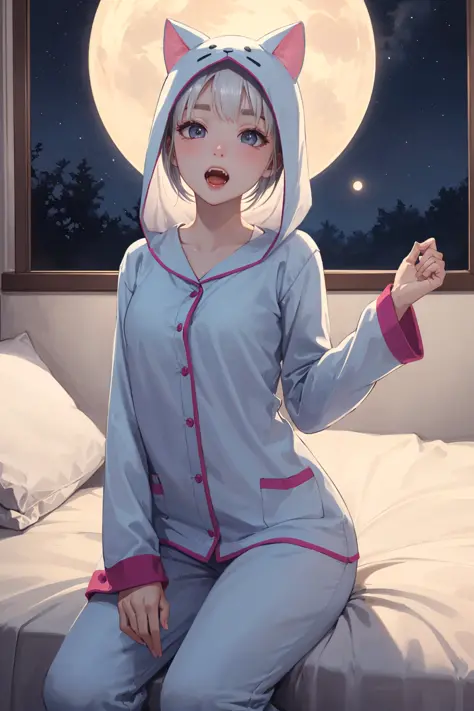 Original Character, Volumetric Lighting, Best Shadows, Shallow Depth of Field, Portrait Of Stunningly Beautiful Girl, , Delicate Beautiful Attractive Face With Alluring Black Eyes, Half Closed Eyes, Thick Eyebrows, Yawning, Open Mouth, Cute Fangs, Lovely Small Breasts, Layered Medium White Hair, Blush Eyeshadow, Thick Eyelashes, Kigurumi Animal Pajamas, In The Dreamy Attic Bedroom, Sitting On Comfortable Bed, With Animal Pillows, Lovely Duvet Cover, Under The Circular Round Window, Fantastic Night Sky of Through Window, Moonlight, Milky Way, Starburst, (Highest Quality, Amazing Details:1.25), (Solo:1.3), Brilliant Colorful Paintings