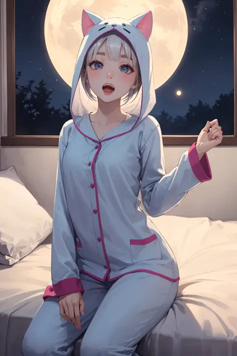 Original Character, Volumetric Lighting, Best Shadows, Shallow Depth of Field, Portrait Of Stunningly Beautiful Girl, Petite, Delicate Beautiful Attractive Face With Alluring Black Eyes, Half Closed Eyes, Thick Eyebrows, Yawning, Open Mouth, Cute Fangs, Lovely Small Breasts, Layered Medium White Hair, Blush Eyeshadow, Thick Eyelashes, Kigurumi Animal Pajamas, In The Dreamy Attic Bedroom, Sitting On Comfortable Bed, With Animal Pillows, Lovely Duvet Cover, Under The Circular Round Window, Fantastic Night Sky of Through Window, Moonlight, Milky Way, Starburst, (Highest Quality, Amazing Details:1.25), (Solo:1.3), Brilliant Colorful Paintings