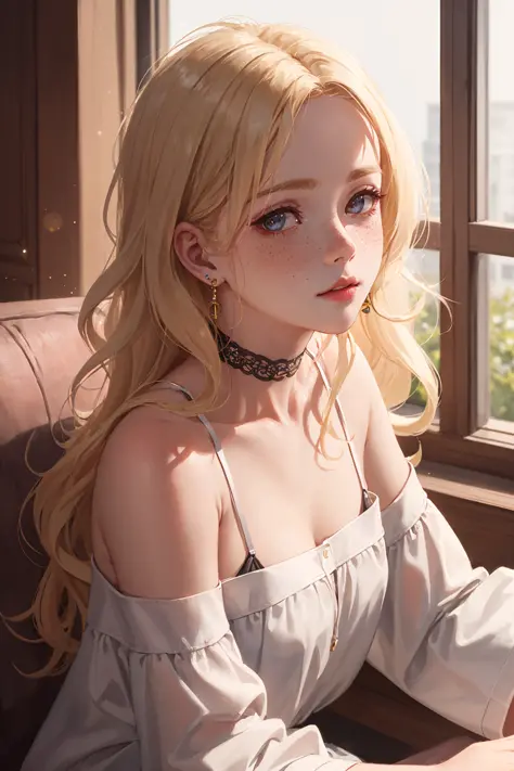 realistic, best quality, 8k uhd, dslr, soft lighting, high quality, film grain, Fujifilm XT3, intricate detail, depth of field, 20 years old girl, sitting, (lens flare, backlight:1.2), (blonde, long wavy hair), earrings, hair ornament, off shoulder, freckles, blush, choker, looking at viewer, flash,
