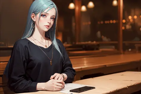 (realistic:1.4), (extremely intricate:1.2), (anime), half body, 1girl, solo, [light grey hair:blue hair:0.2], jewelry, v, necklace, looking at viewer, black eyes, long hair, shirt, sitting, striped, indoors, earrings, high contrast, night, dark, (freckle:0.9),