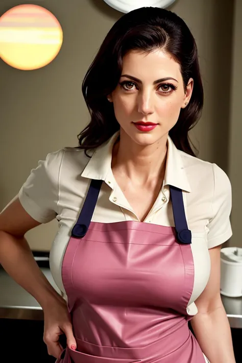 juliabenson,((red lipstick, blush)), ((detailed eyes, detailed face)), ,  photo of a woman, ((apron, shirt, waitress outfit, not...