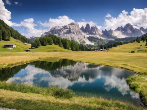 a photo of landscape, moutain with fresh green grass around the small lake in distance, some trees , lake reflect the mountain , sky is blue,bird view,HDR,4K,8K,wallpaper