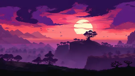 a purple sunset with a lone tree on a hill