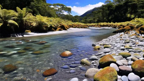 gravel beached mountain stream with volcanic boulders, mossy stones, clear blue waters, ferns, rainforest