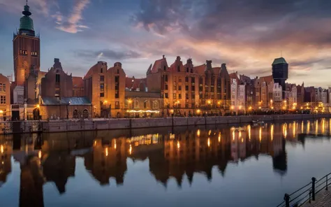 the city of gdansk, poland at dusk