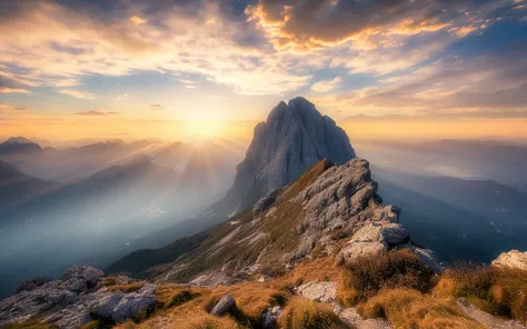 夕陽西下，山巔美景