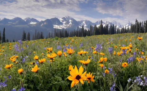 un champ de fleurs sauvages et des montagnes en arrière-plan