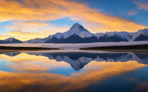 a mountain is reflected in a lake at sunrise