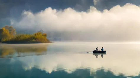 there are two people in a small boat on a lake