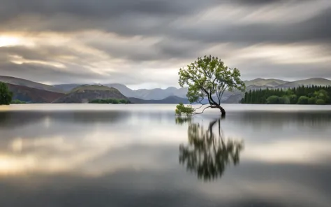 a tree is standing in the middle of a lake with mountains in the background