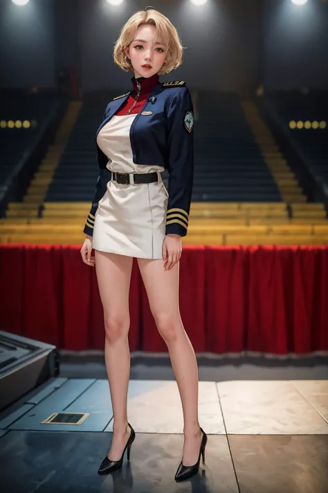 highres,absurdres,masterpiece,best quality,original,extremely detailed CG,extremely detailed wallpaper,perfect lighting,looking at viewer,bare hands,standing on stage,1girl,blurry background,
<lora:SallySaintFordV3:0.7>, SallySaintFord,Naval_uniform_White_jacket_White_pencil_skirt_miniskirt_Belt_long_sleeves_turtleneck,