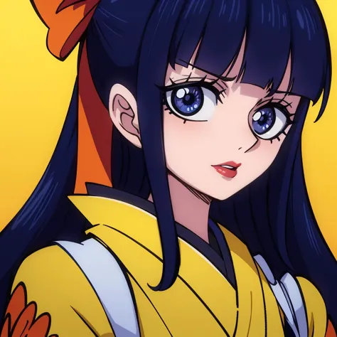 anime girl with long black hair and blue eyes wearing a yellow outfit