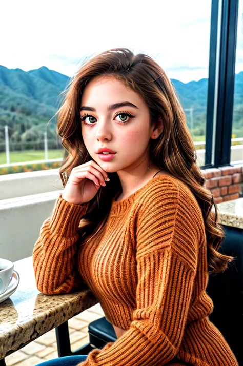 a close up of a woman sitting at a table with a cup of coffee