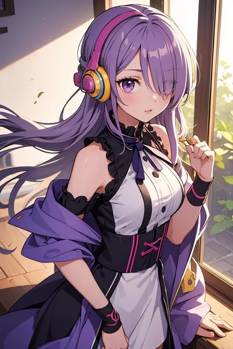 anime girl with headphones and a purple coat standing in front of a window