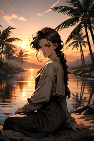 ((ultra detailed, masterpiece, absurdres))
 <lora:PBeatrice:0.9>
PBeatrice, 1girl, solo, brown hair, brown eyes, one single braid, long hair, on a deserted island, surrounded by coconut trees, building a sandcastle at sunset