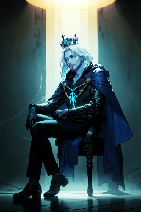 a man sitting in a chair with a crown on his head