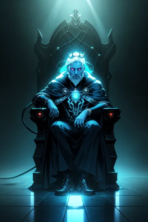 a man sitting on a throne with a glowing light coming from his eyes