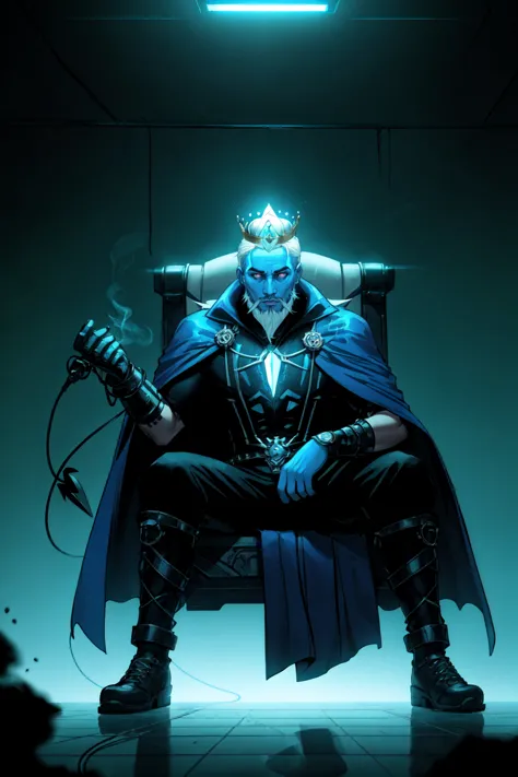 a man sitting in a chair with a sword and a glowing crown