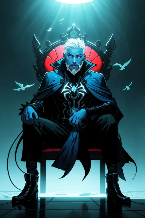 crown, throne, 1boy, sitting, male focus, bird, beard, blue skin, facial hair, penguin, solo, blue theme, cape, colored skin, white hair, Cent-Angle  NeonLighting NeonLightingScene  DemonUnderWorld Earth-QualityPos,