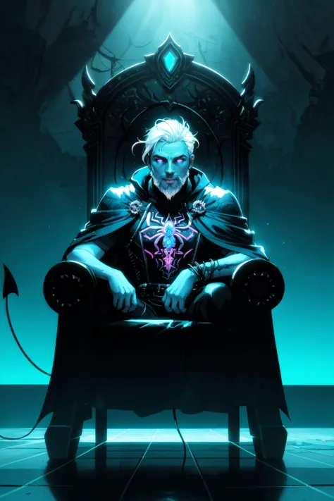 crown, throne, 1boy, sitting, male focus, bird, beard, blue skin, facial hair, penguin, solo, blue theme, cape, colored skin, white hair, Cent-Angle  NeonLighting NeonLightingScene  DemonUnderWorld Earth-QualityPos,