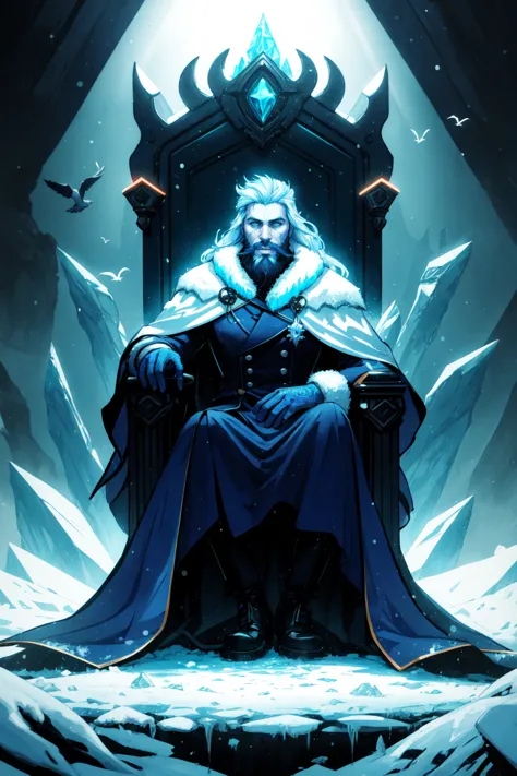 a man sitting on a throne in the middle of a snowy area