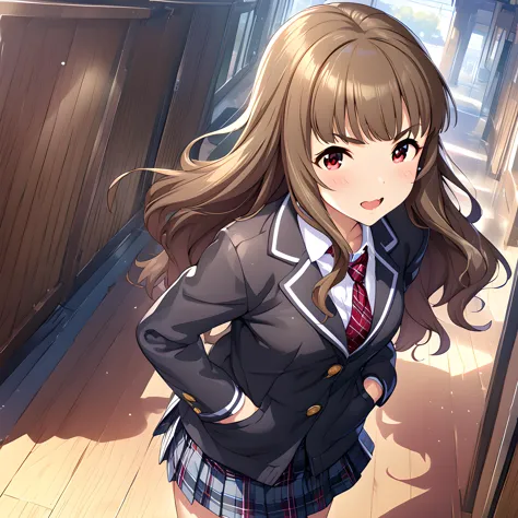 anime girl in school uniform standing in hallway with open door