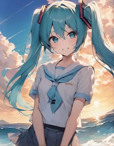 anime girl with blue hair and a white shirt standing on the beach