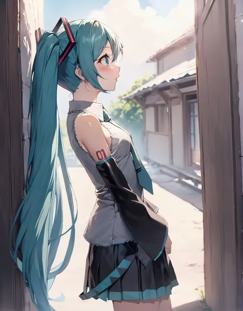 anime girl with long blue hair and a black top