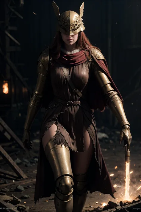 (highly detailed:1.3), 
1girl, solo, angry, war torn backgorund, 
Malenia, armor, cape, helmet, brown dress, prothestic leg, single mechanical arm, prosthesis, 
Ultra-detail, (highres:1.1), best quality, (masterpiece:1.3), cinematic lighting, 
