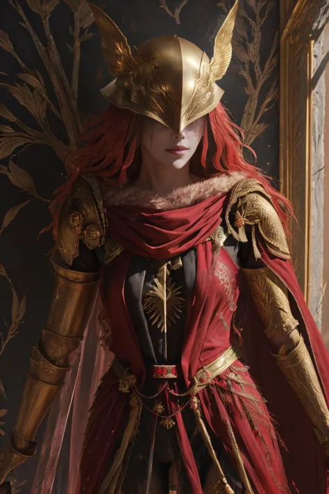 <lora:MaleniaV2:0.8> MaleniaDef, armor, cape, helmet, red and gold dress, prothestic leg, single mechanical arm, prosthesis, <lo...